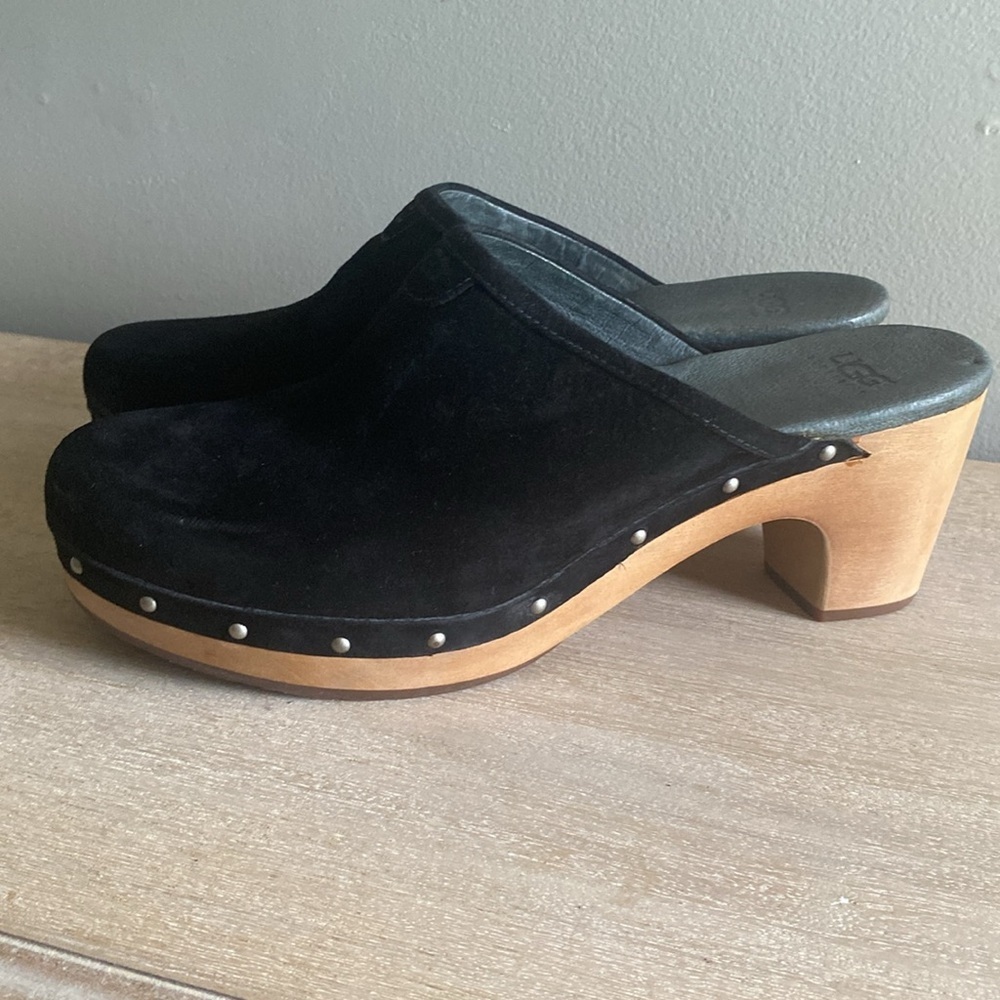 UGG Black Suede Mules with Tan Wooden Heel - Picture 2 of 13
